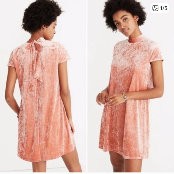Madewell Blush Pink Crushed Velvet Dress Tie Back Short Sleeve Mock Neck Size L - Picture 13 of 13